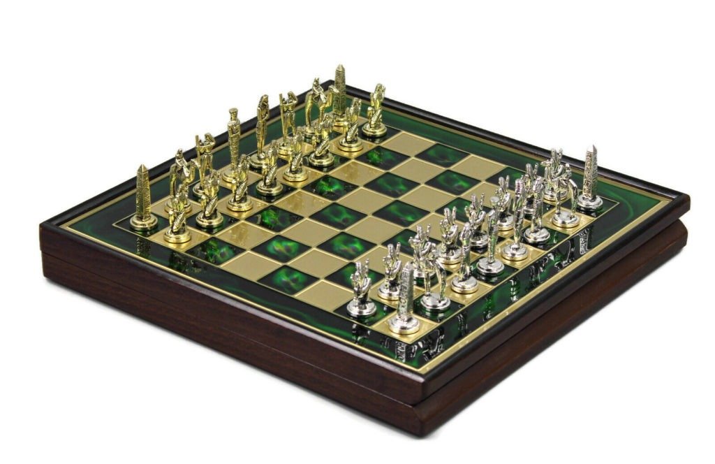 metal chess set wooden framed