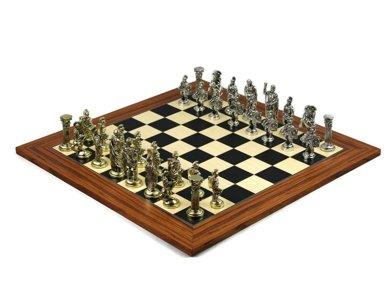 wooden palisander chess set with metal roman empire pieces
