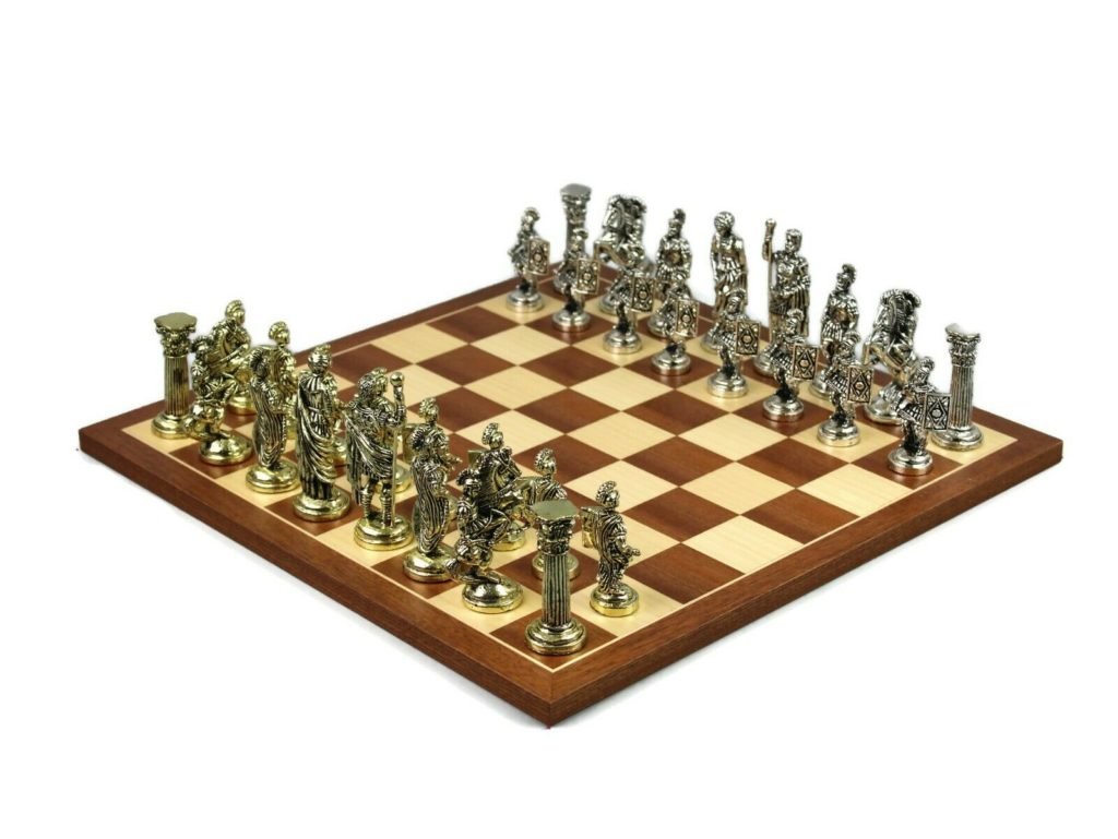 wooden mahogany chess set with metal roman empire pieces