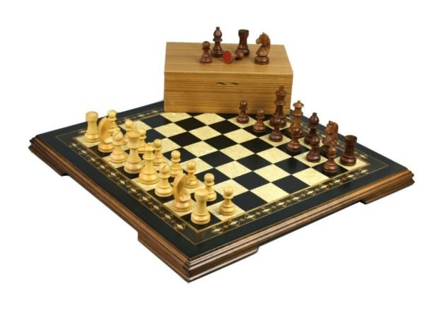 mother of pearl black chess board with german staunton chess pieces and chess box