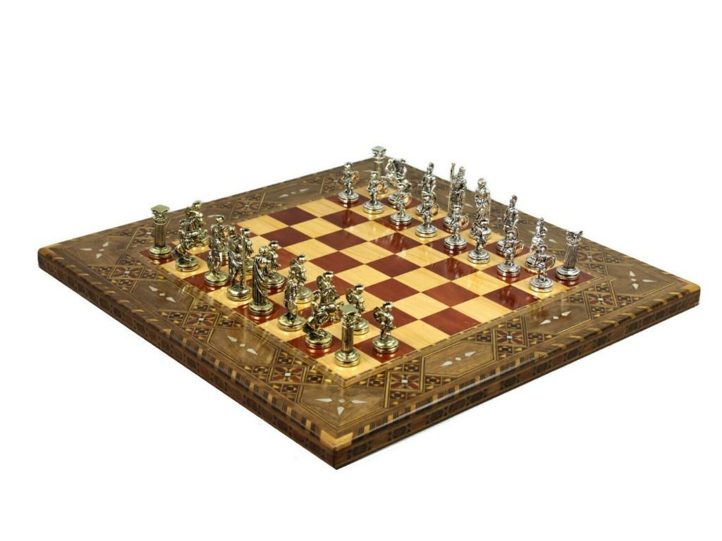 solar chess set with roman metal chess pieces