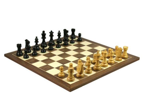 walnut chess board with ebonised french lardy chess pieces
