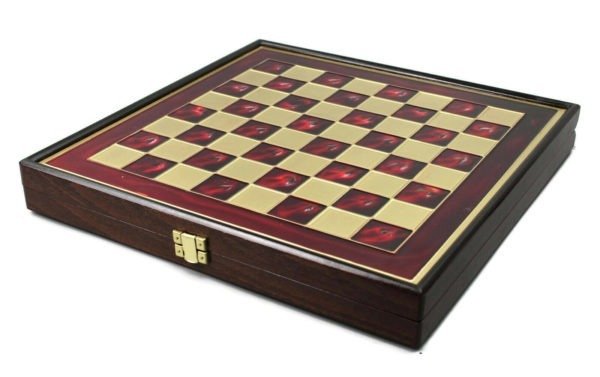 red metal chess board frames in wood