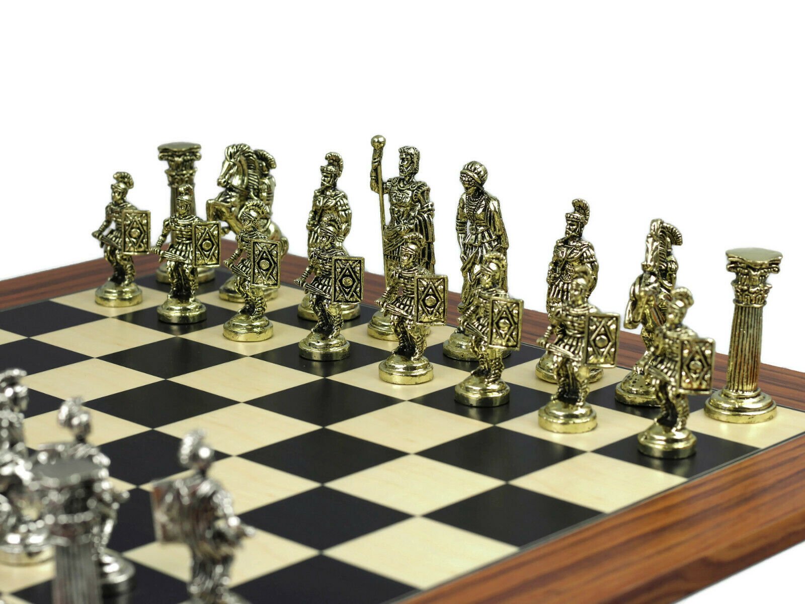 wooden palisander chess set with metal roman empire pieces