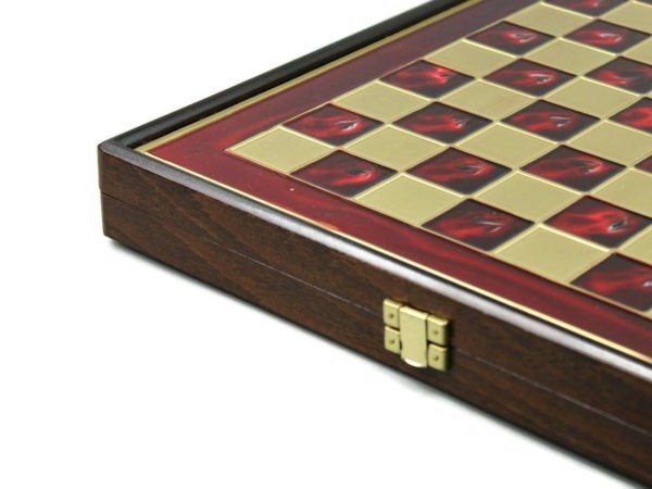red metal chess board wooden frame