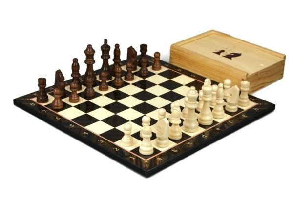 walnut chess with chess pieces and storage box