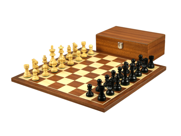 mahogany chess set with ebonised french knight chess pieces and mahogany chess box