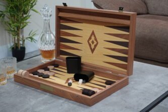 Manopoulos Oak & Walnut Backgammon Set 23 Inch with Storage Racks