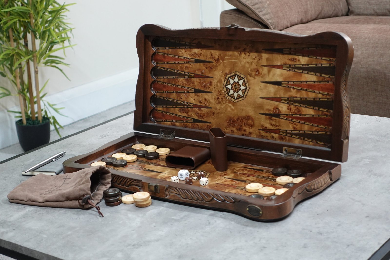Helena Carved Mother of Pearl Bird Eye Maple Backgammon Set 20 Inch - Image 2