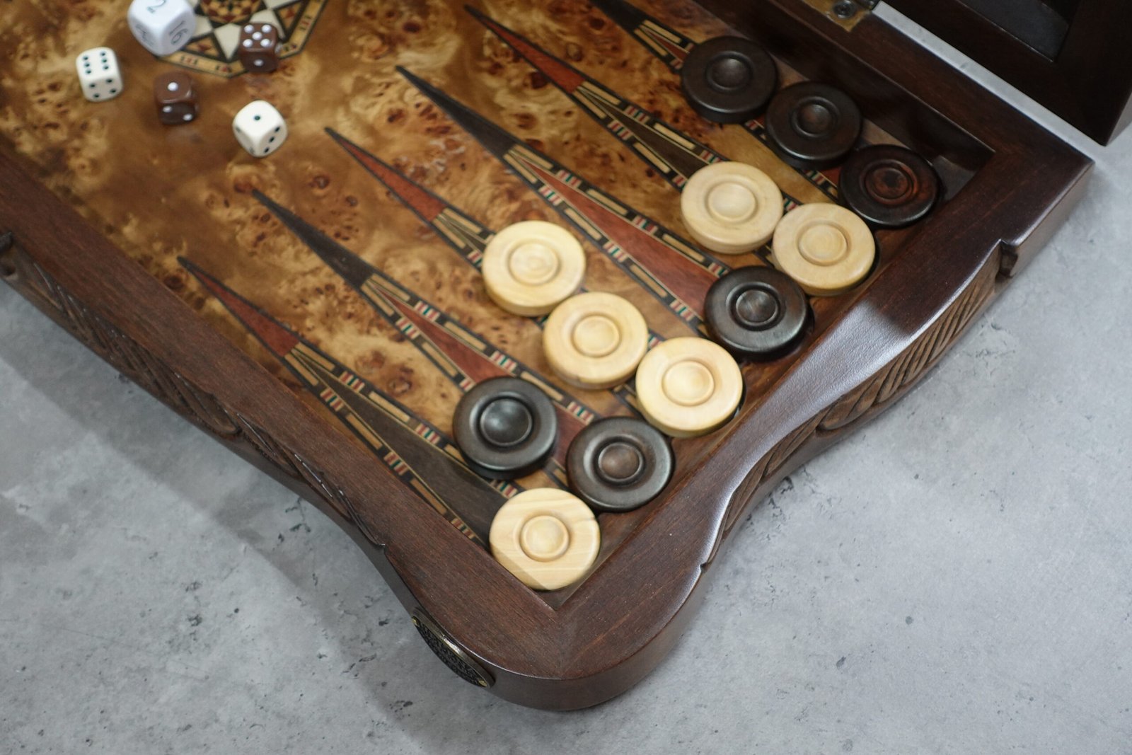 Helena Carved Mother of Pearl Bird Eye Maple Backgammon Set 20 Inch - Image 3