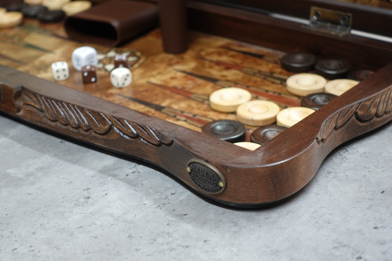 Helena Carved Mother of Pearl Bird Eye Maple Backgammon Set 20 Inch - Image 4