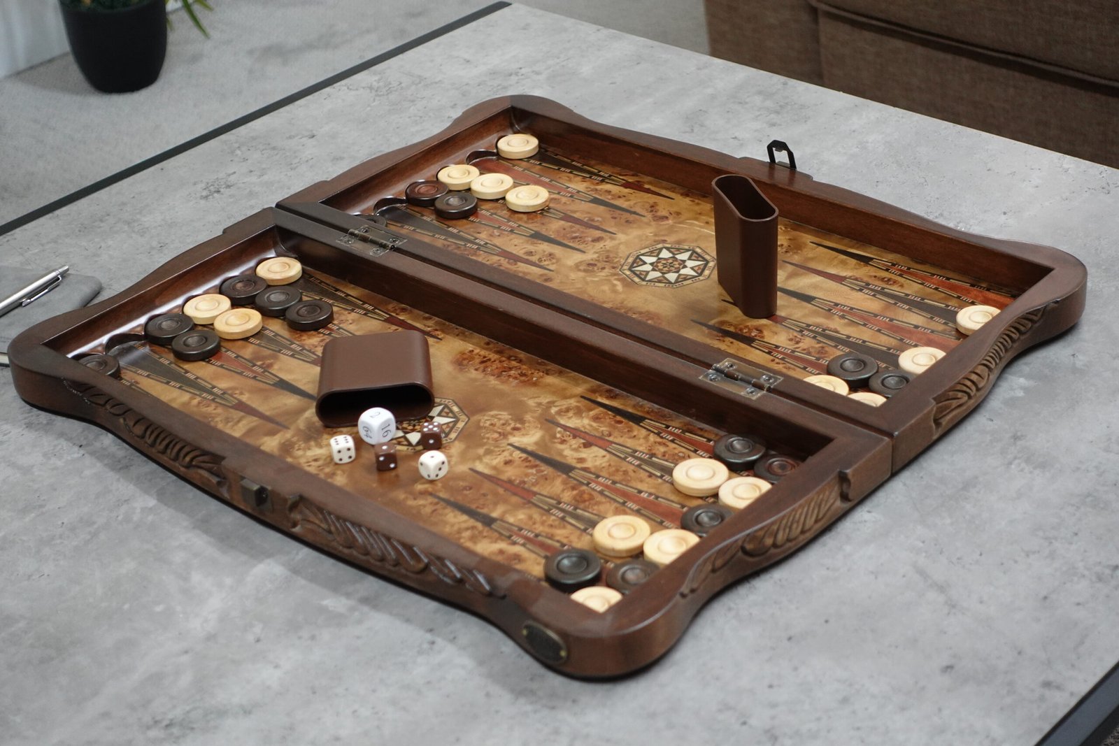 Helena Carved Mother of Pearl Bird Eye Maple Backgammon Set 20 Inch - Image 6