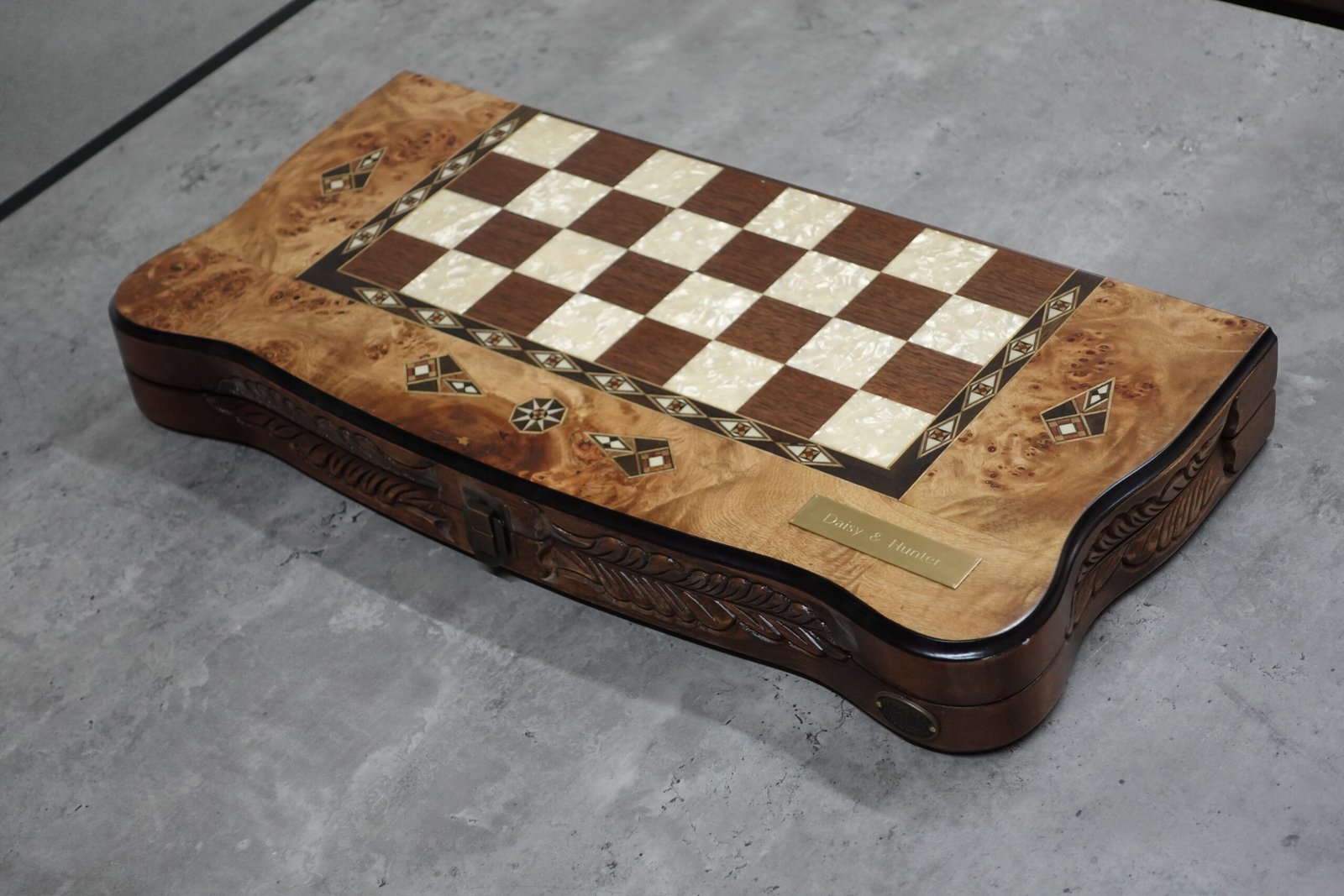 Helena Carved Mother of Pearl Bird Eye Maple Backgammon Set 20 Inch