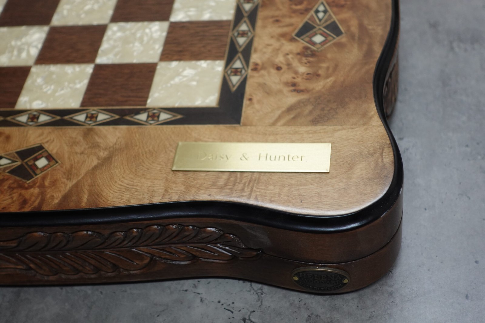 Helena Carved Mother of Pearl Bird Eye Maple Backgammon Set 20 Inch - Image 10