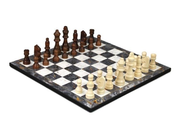grey marble chess board with brown chess pieces