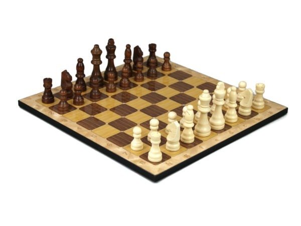 oak chess board with brown chess pieces