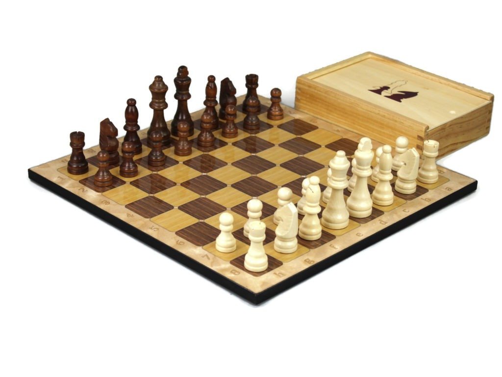 oak chess set with chess pieces and storage box