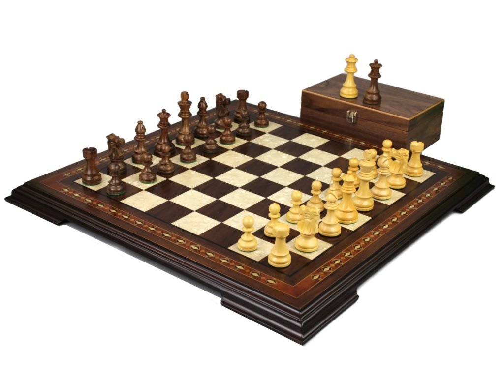 Walnut Chess Set 17 Inch with Helena Chess Board and Weighted Sheesham French Knight Staunton Chess Pieces 3 Inch