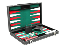 leather green backgammon set case with red and white backgammon pieces