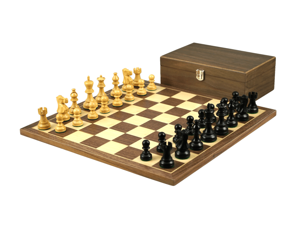 Walnut Chess Set 16 Inch With Flat Chess Board and Weighted Ebonised Classic Staunton Chess Pieces 3 Inch