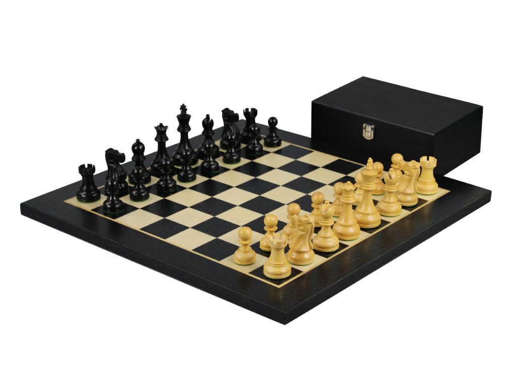 Ebony Chess Set 20 Inch With Helena Flat Chess Board and Weighted Ebonised Reykjavik Staunton Chess Pieces 3.75 Inch