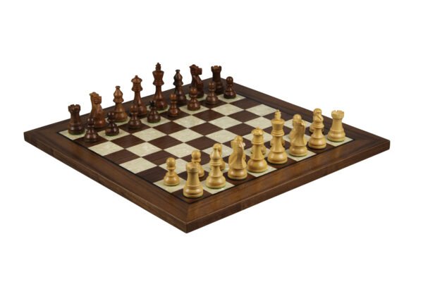 walnut mother of pearl chess board with classic staunton chess pieces