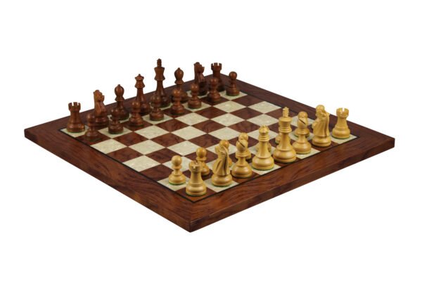 rosewood motherof pearl chess board with sheesham staunton chess pieces