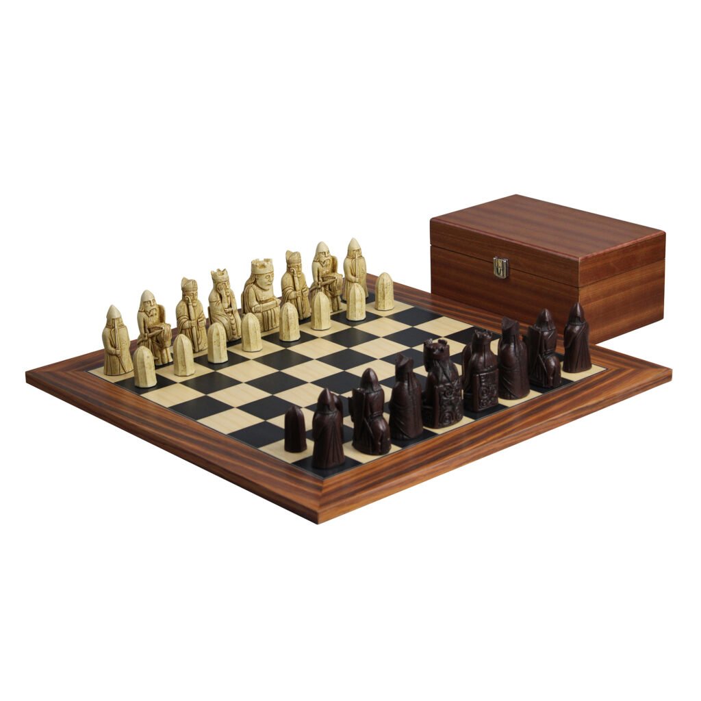 palisander chess board with isle of lewis chessmen