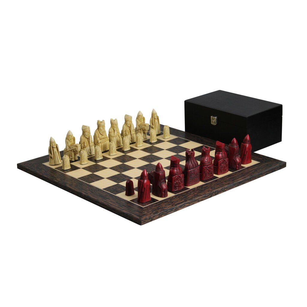 Isle of Lewis Chess Set With I Ivory & Red Resin Chess Pieces 3.5 Inch and Tiger Ebony Chess Board 20 Inch