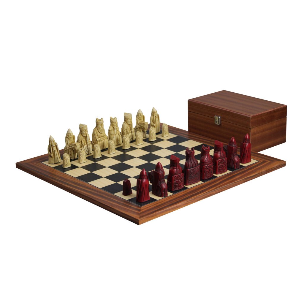 palisander chess board with isle of lewis chess pieces with mahogany chess box