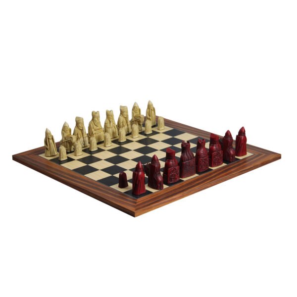 palisander chess board with red isle of lewis chess pieces