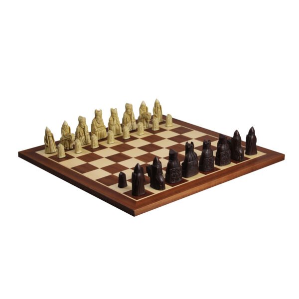 mahogany chess board with brown isle of lewis chess pieces