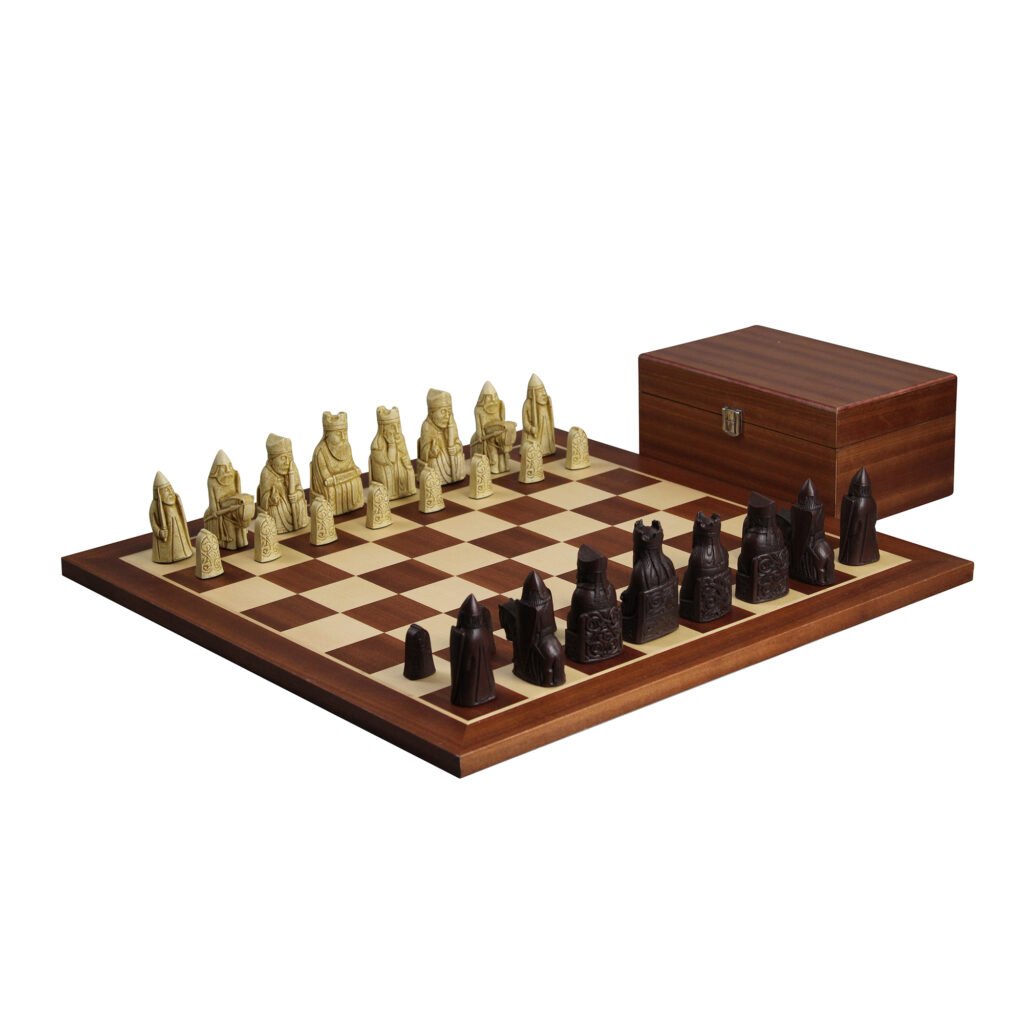 isle of lewis chess set with mahogany chess board