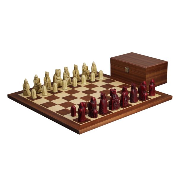 mahogany chess board with red isle of lewis II chess pieces