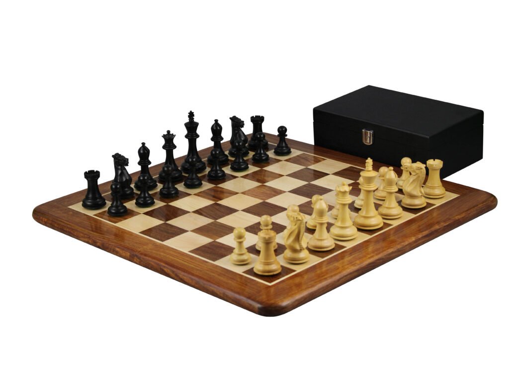 Sheesham Chess Set With Sheesham Flat Chess Board 20 Inch and Ebonised Morphy Professional Staunton Chess Pieces 3.75 Inch