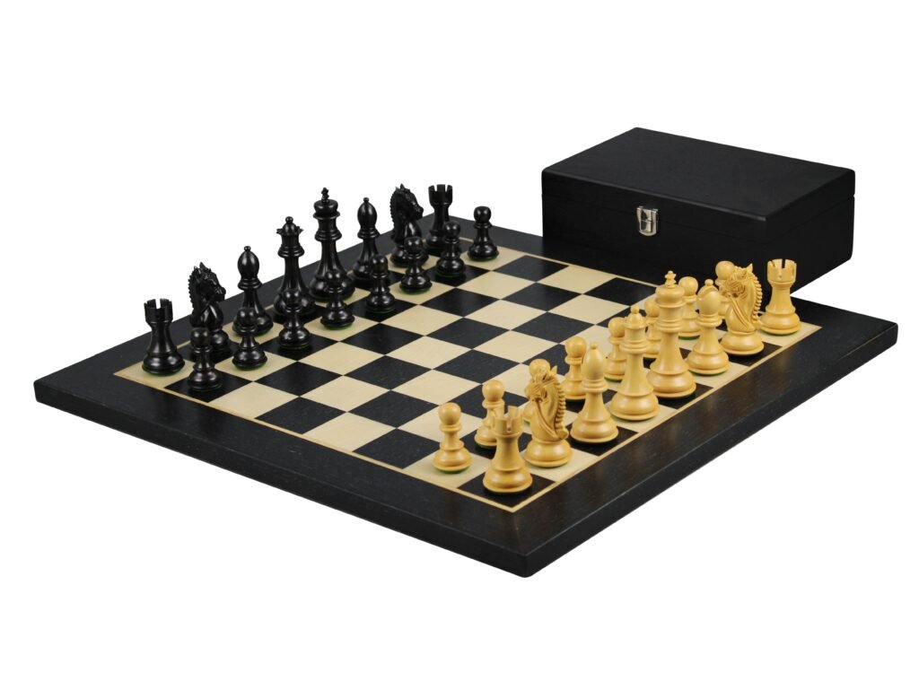 Ebony Chess Set 20 Inch With Helena Flat Chess Board and Weighted Ebonised King Bridal Staunton Chess Pieces 3.75 Inch