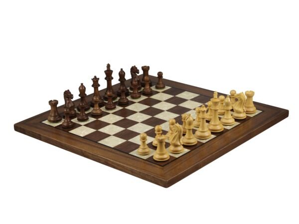 walnut mother of pearl chess board with fierce knight staunton chess pieces
