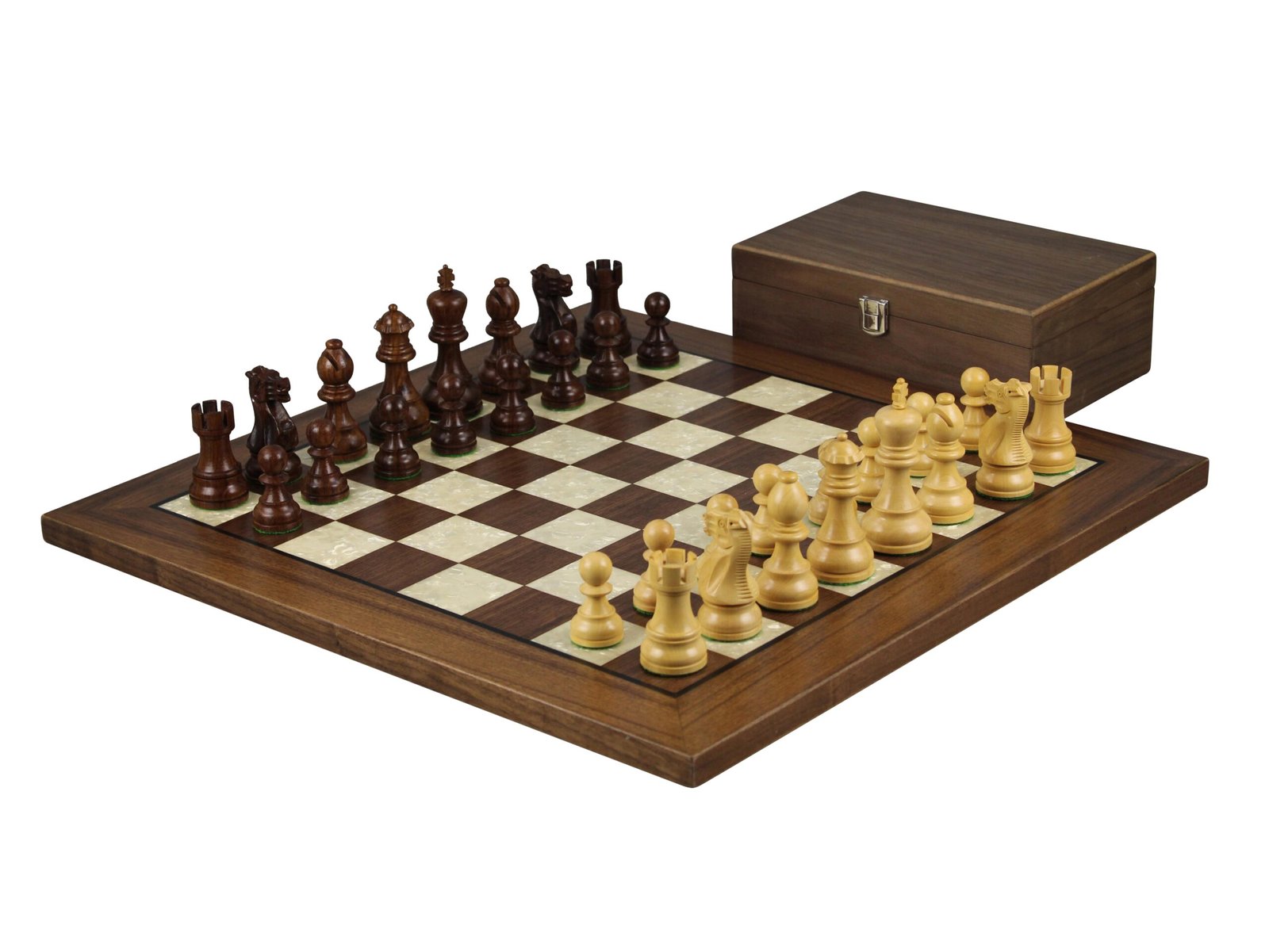 Walnut Chess Set 20 Inch With Helena Mother Of Pearl Flat Chess Board and Weighted Sheesham Executive Staunton Chess Pieces 3.75 Inch