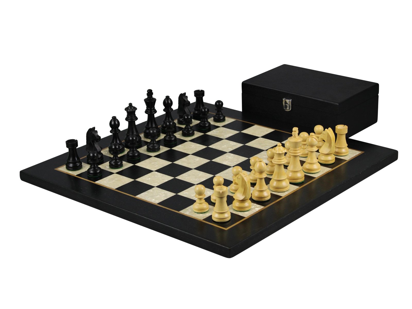 Ebony Chess Set 20 Inch with Helena Mother of Pearl Flat Chess Board and Weighted Ebonised German Staunton Chess Pieces 3.75 Inch