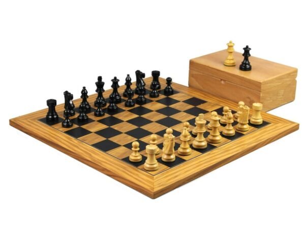 Executive Range Wooden Chess Set Olive Board 18'' Weighted Ebonised French Knight Pieces 3''