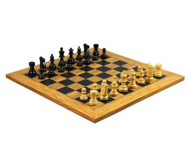 Executive Range Wooden Chess Set Olive Board 18'' Weighted Ebonised French Knight Pieces 3'' - Image 2