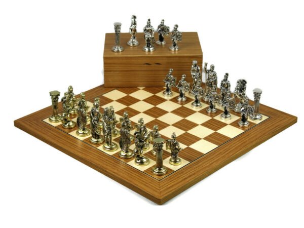 Metal Range Chess Set Teak & Maple Board 18'' with Roman Metal Chess Pieces 3.8'' - Image 4