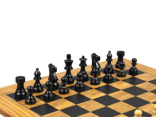 Executive Range Wooden Chess Set Olive Board 18'' Weighted Ebonised French Knight Pieces 3'' - Image 3