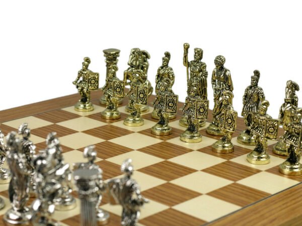 Metal Range Chess Set Teak & Maple Board 18'' with Roman Metal Chess Pieces 3.8'' - Image 5