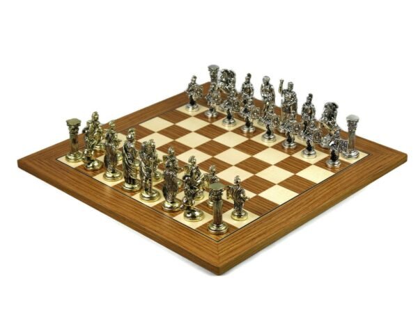 Metal Range Chess Set Teak & Maple Board 18'' with Roman Metal Chess Pieces 3.8''