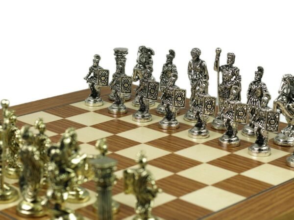 Metal Range Chess Set Teak & Maple Board 18'' with Roman Metal Chess Pieces 3.8'' - Image 6