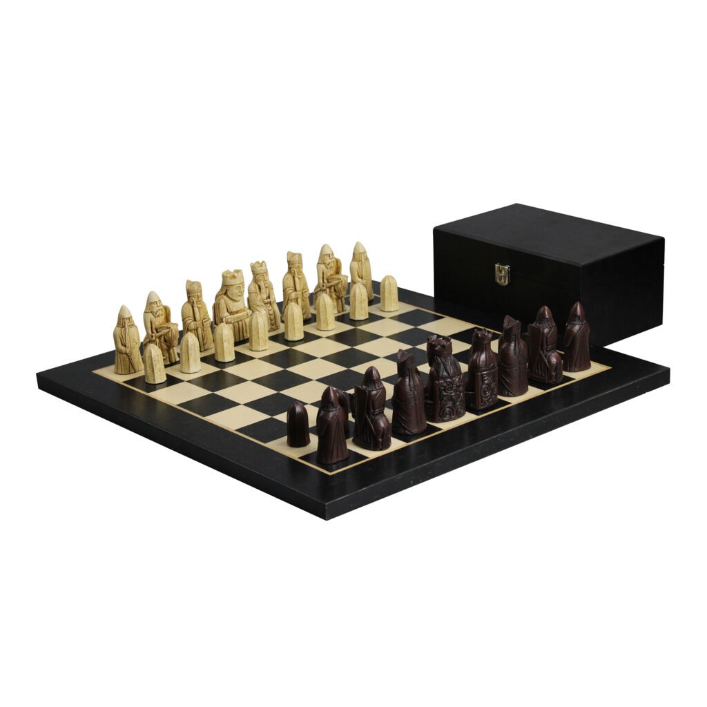 Isle of Lewis Chess Set With II Ivory & Brown Resin Chess Pieces 3.5 Inch With Charcoal Black Chess Board 20 Inch