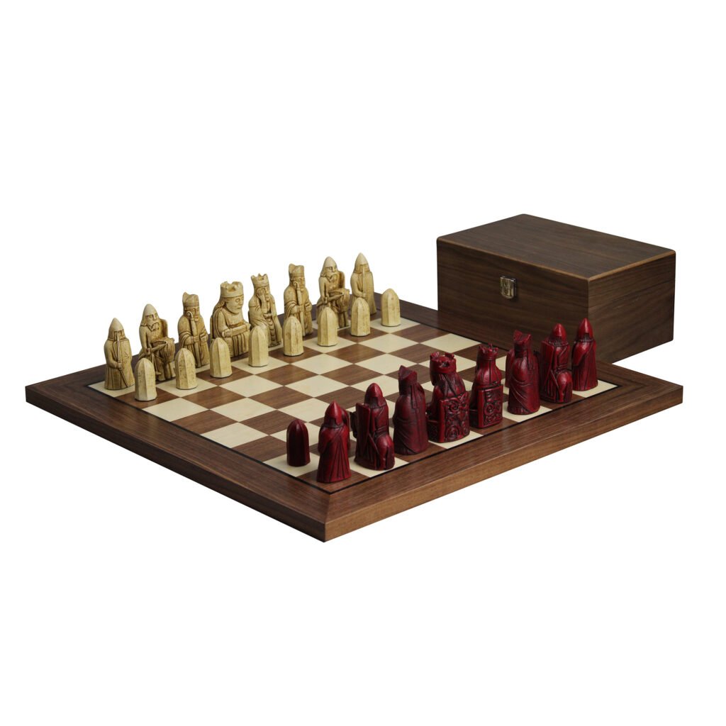Isle of Lewis Chess Set With II Ivory & Red Resin Chess Pieces 3.5 Inch and Walnut Chess Board 20 Inch