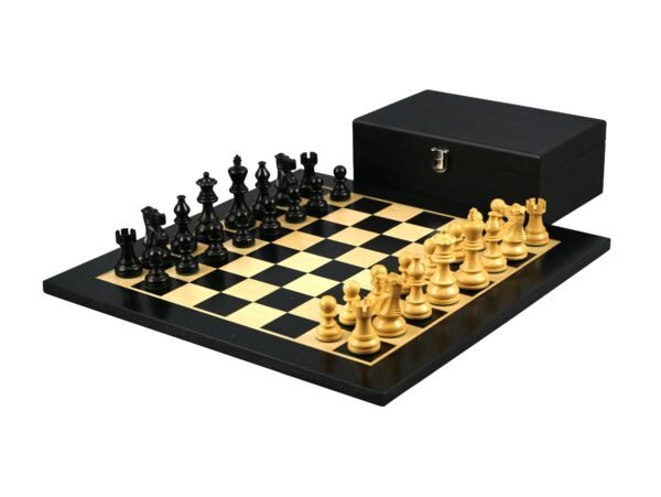 Ebony Chess Set 16 Inch With Flat Chess Board and Weighted Ebonised Classic Staunton Chess Pieces 3 Inch