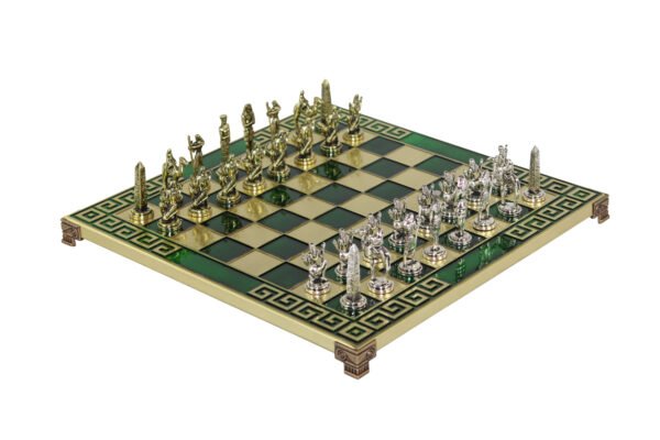 Green Metal Chess Set With Egyptian Chess Pieces 11 Inch - Image 2